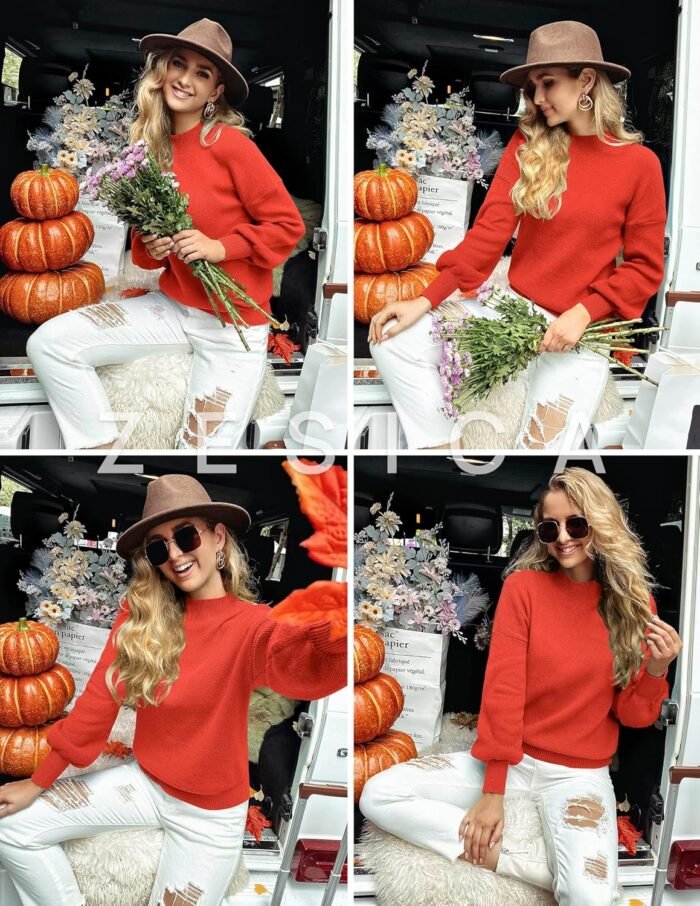 ZESICA Women's 2024 Casual Turtleneck Long Lantern Sleeve Oversized Ribbed Knit Pullover Sweater Jumper Top - Image 5