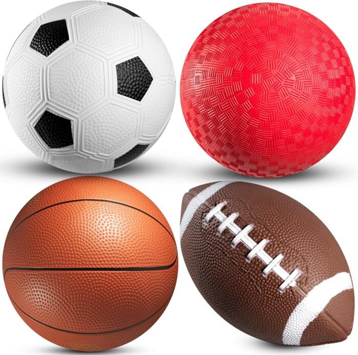 Bedwina Sports Balls for Kids & Toddlers - (Pack of 4) 5-inch Sports Balls Set Includes Football, Small Soccer Ball, Basketball, and Playground Balls, Fun Indoors & Outdoor Toys (Hand Pump Included)