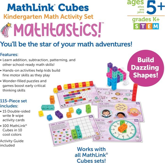 MathLink Cubes Kindergarten Math Activity Set Mathtastics!, Math Teaching Toys, PreKManipulatives, Children’s Math Games, 115 Pieces, Age 5+ - Image 6