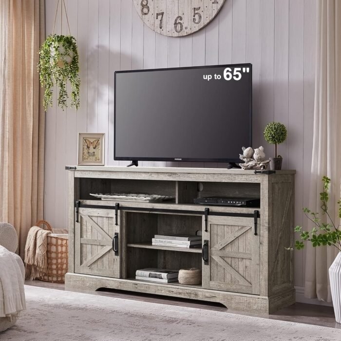 OKD Farmhouse TV Stand for 65+ Inch TV, 33" Tall Highboy Entertainment Center w/Sliding Barn Door, Rustic Media Console w/Storage Shelves, Wood Television Stand for Living Room, Light Rustic Oak - Image 2