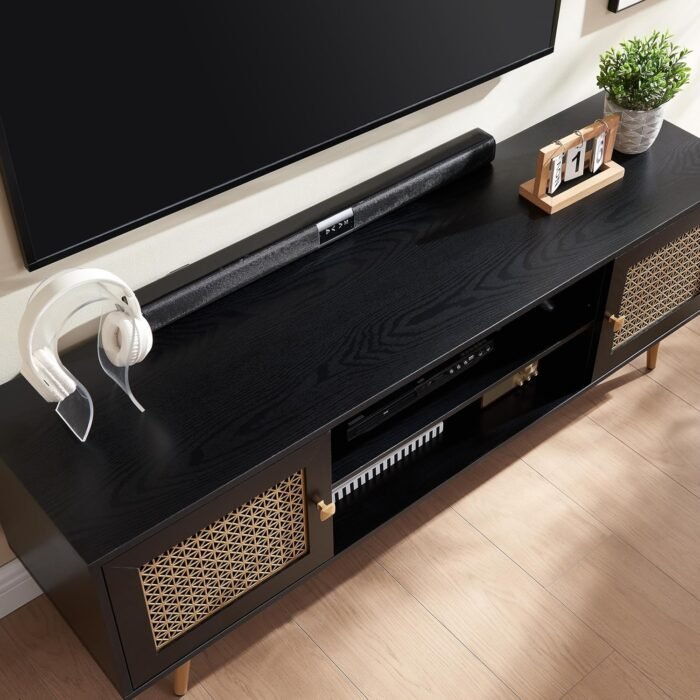 EDYO LIVING 65" Mid Century Modern Black TV Stand with Metal Decoration, Wood Storage TV Cabinet and Open Shelf Entertainment Center, TV Media Console Table for Living Room - Image 3