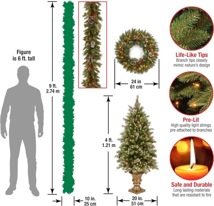 National Tree Company Pre-lit Holiday Christmas 5-Piece Set | Wreath, Set of 2 Entrance Trees and Garlands with White Lights - Image 3
