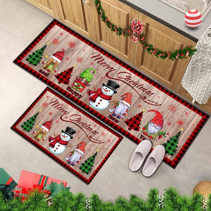 2 Pcs Christmas Kitchen Rugs and Mats, Merry Christmas and Happy New Year Kitchen Decor Non-Slip Floor Mat Sets, Gnome Snowman Washable Microfiber Kitchen Carpet 17x47+17x30 Inches - Image 6