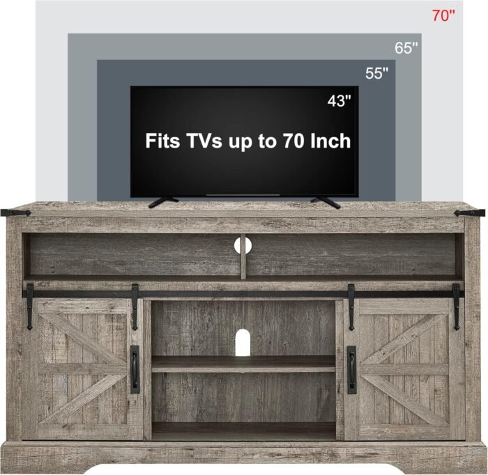 OKD Farmhouse TV Stand for 65+ Inch TV, 33" Tall Highboy Entertainment Center w/Sliding Barn Door, Rustic Media Console w/Storage Shelves, Wood Television Stand for Living Room, Light Rustic Oak - Image 6