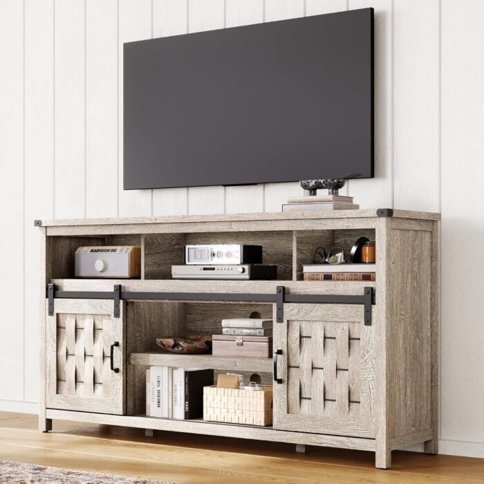 LINSY HOME Farmhouse TV Stand for 65 Inch TV, Tall Highboy Entertainment Center with Sliding Barn Door, Rustic Media Console with Storage Shelves, Wood Television Stand for Living Room, Light Grey
