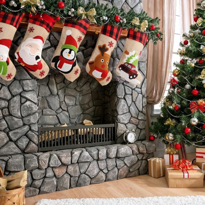 GoldFlower Christmas Stockings 5 Pack, 18'' Large Christmas Stockings with Santa Snowman Gnomes Pattern,Classic Buffalo Plaid Cuff,Xmas Ornaments for Family Stairs Fireplace Tree Hanging 5 - Image 6