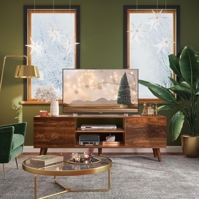 WLIVE TV Stand for 55 60 inch TV, Mid Century Modern TV Console, Entertainment Center with Storage for Living Room, Retro Brown - Image 2