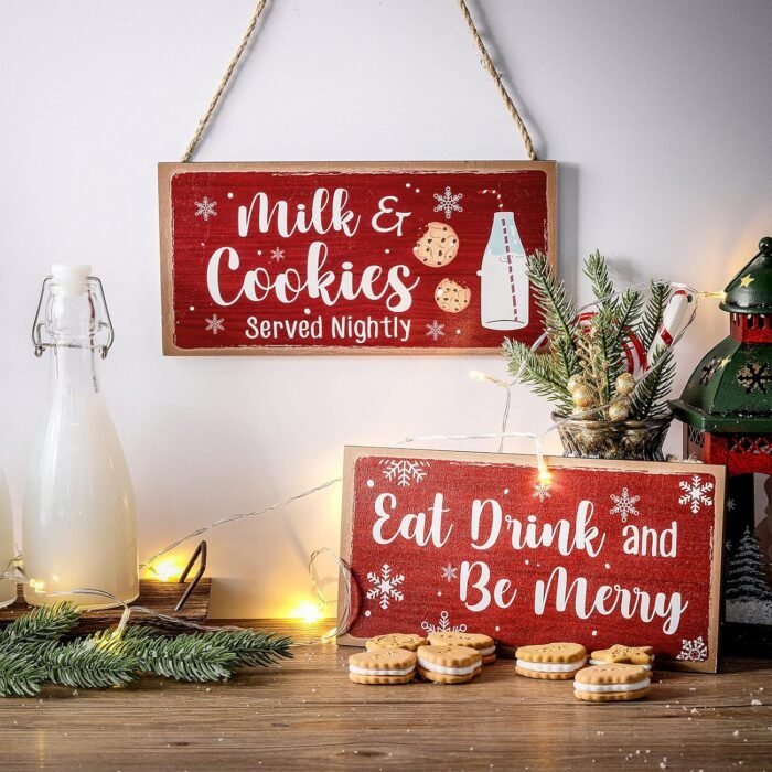 Blulu Christmas Hanging Wooden Sign Eat Drink and Be Merry Sign Milk and Cookies Sign Merry Christmas Wall Decor Rustic Gingerbread Decor for Kitchen, Coffee Bar, Indoor or Outdoor Decorations - Image 4