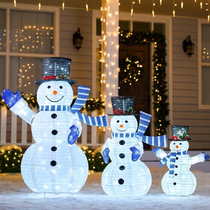 JOIEDOMI 3 Pcs 3D Christmas Collapsible Snowman Yard Light 270 Pre-Lit LED Cool White Lights for Indoor Outdoor Garden Holiday Décor, Christmas Event Decoration, Christmas Eve Night, Blue Scarf