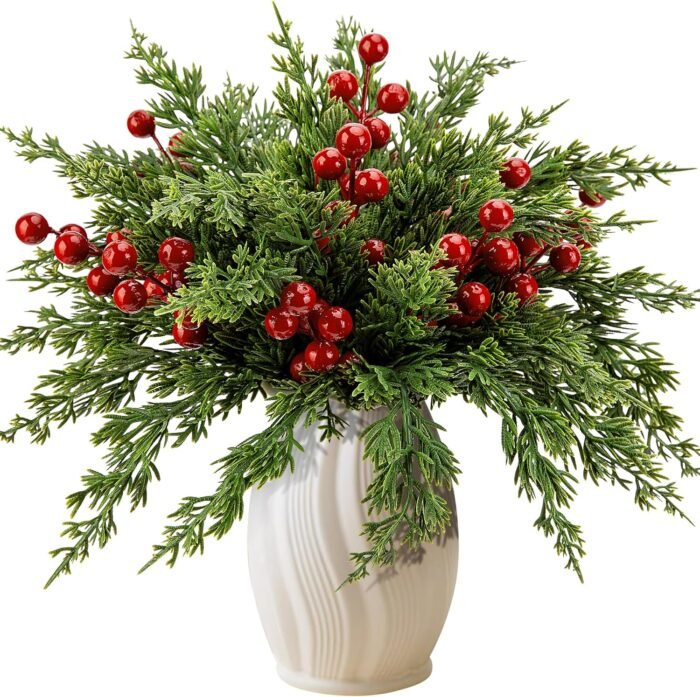 Watayo 45 Pcs Christmas Artificial Pine Branches with Red Berry Stems- 10.5" Faux Evergreen Norfolk Pine Cypress Leaves Stems- Fake Foliage Pine Needles Picks for DIY Craft Garland Home Decor