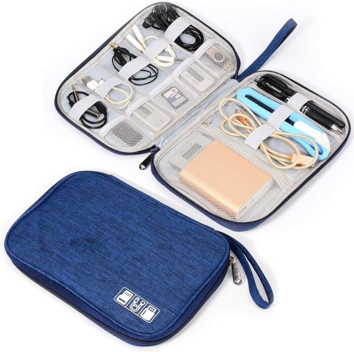 Electronic Organizer Travel Universal Cable Organizer Electronics Accessories Storage Bag Gadget Gear Cases for iPad Mini, Kindle, Smartphone, Cable, Charger, Power Bank, USB, SD Card (Blue)…