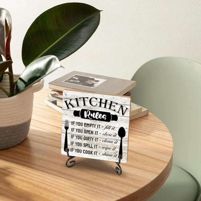 Rustic Wood Plaque with Stand - Kitchen Decor - Kitchen Rules Wood Sign - Idea Wooden Decor for Home Living Room Dining Room Shelf Table Decoration (31) - Image 5