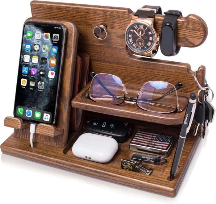 TESLYAR Wood Phone Docking Station for Men - Desk Accessories & Workspace Organizer - Nightstand Organizer - Birthday Gifts for Men or Dad - Idea for Anniversary - Key Holder - Stand Watch (Beige)