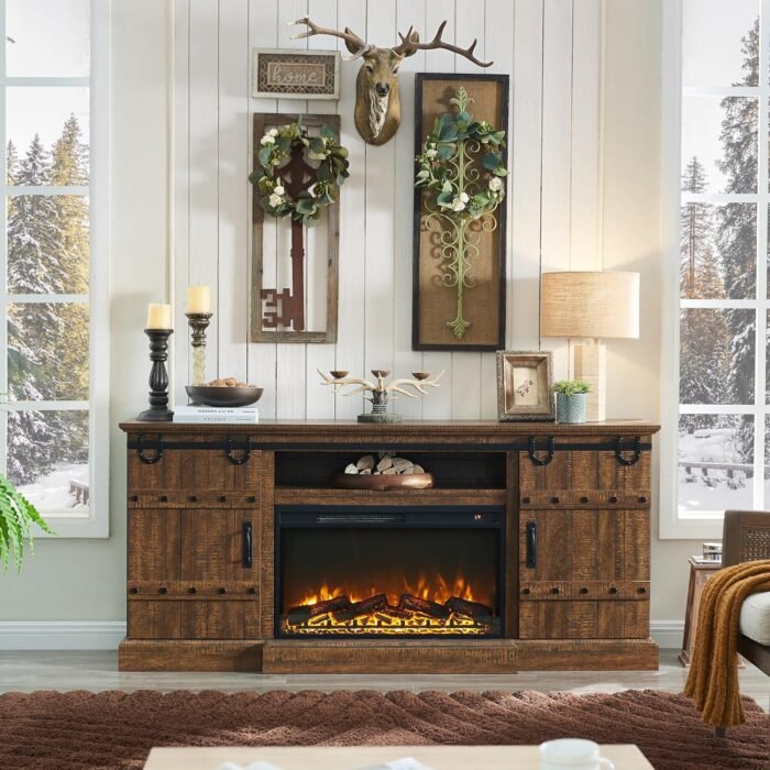 OKD 70" Fireplace TV Stand for 75 80 Inch TV, Farmhouse Highboy Entertainment Center with 30" Electric Fireplace &Sliding Barn Doors, 32" Tall Media Console Cabinet for Living Room, Reclaimed Barnwood - Image 2
