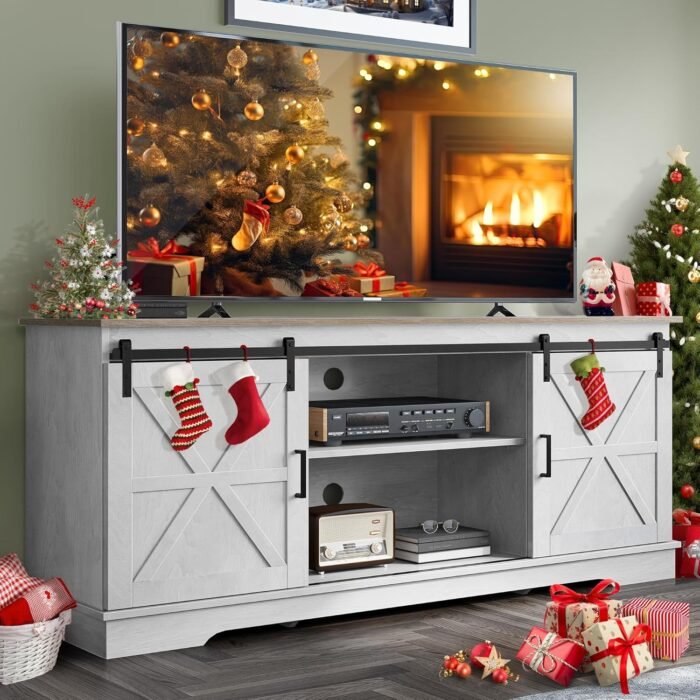 YITAHOME Farmhouse TV Stand for TVs up to 65 Inch, Entertainment Center with Sliding Barn Doors and Storage Cabinet, Rustic TV Media Console for Living Room, Grey White & Grey Wash