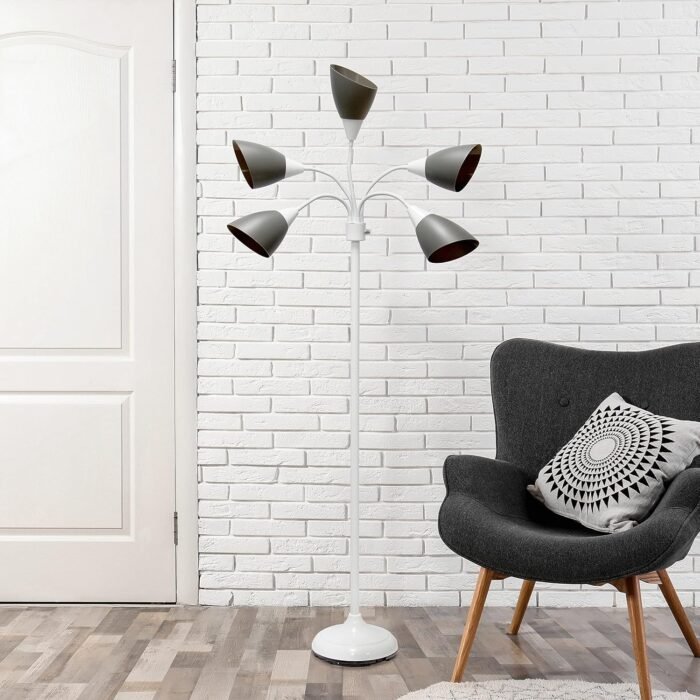 Simple Designs LF2006-GOW 67" Contemporary Multi Head Medusa 5 Light Adjustable Gooseneck White Floor Lamp with Gray Shades for Kids Bedroom Playroom Living Room Office - Image 4