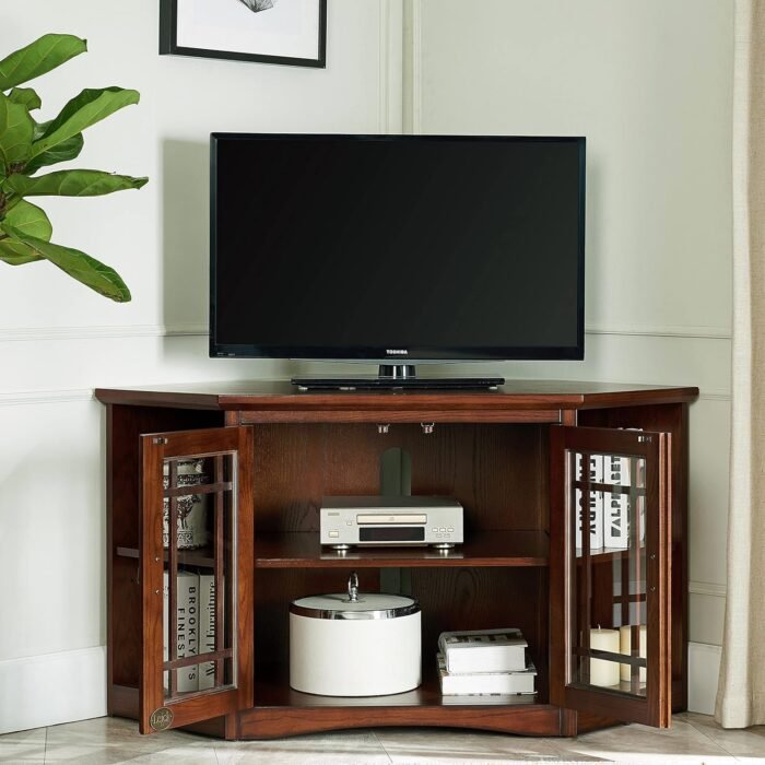 Leick Home 82287 Solid Wood Mission Oak Two Door Corner TV Stand For 50" TVs Living Room Storage Shelves Entertainment Center, Mission Oak TV Console - Image 9