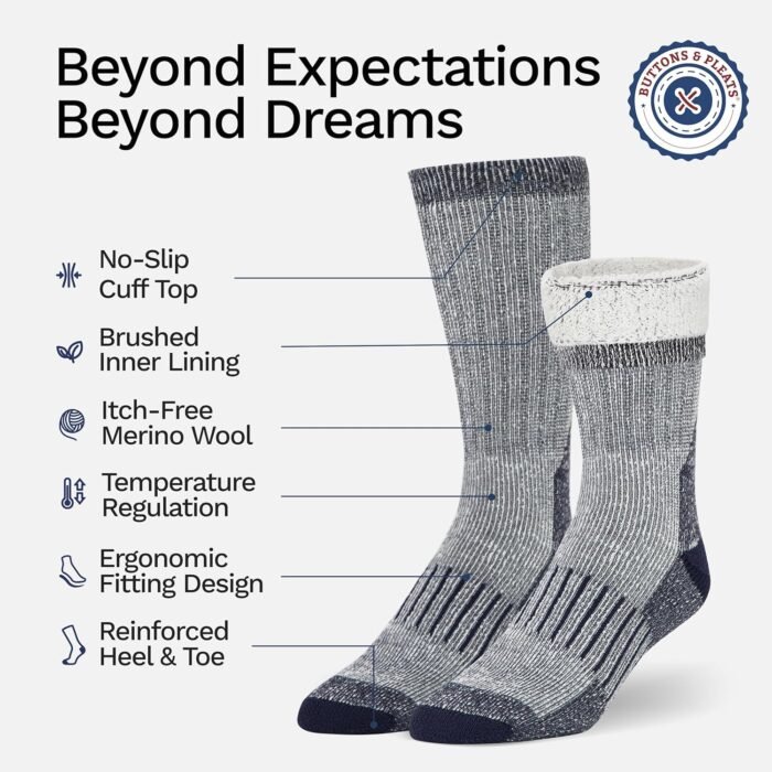 Buttons & Pleats Premium Merino Wool Hiking Socks Outdoor Trail Crew Socks - Image 3