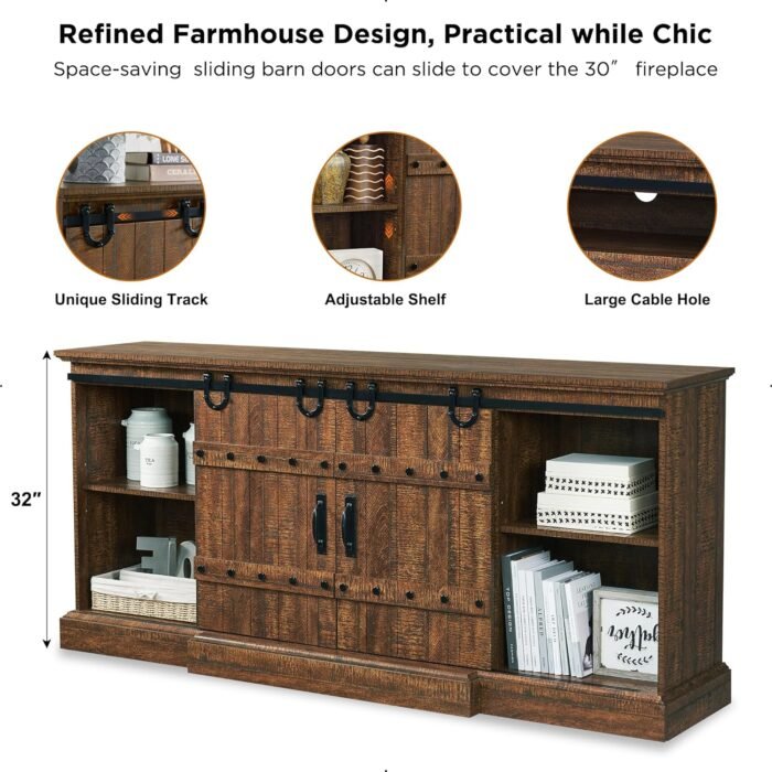 OKD 70" Fireplace TV Stand for 75 80 Inch TV, Farmhouse Highboy Entertainment Center with 30" Electric Fireplace &Sliding Barn Doors, 32" Tall Media Console Cabinet for Living Room, Reclaimed Barnwood - Image 4