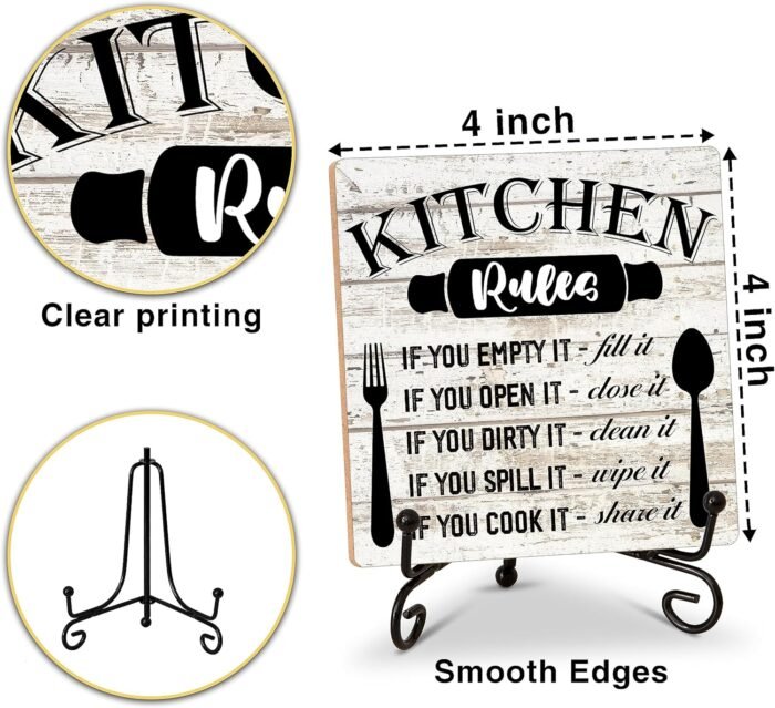 Rustic Wood Plaque with Stand - Kitchen Decor - Kitchen Rules Wood Sign - Idea Wooden Decor for Home Living Room Dining Room Shelf Table Decoration (31) - Image 2