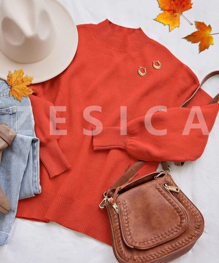 ZESICA Women's 2024 Casual Turtleneck Long Lantern Sleeve Oversized Ribbed Knit Pullover Sweater Jumper Top - Image 7