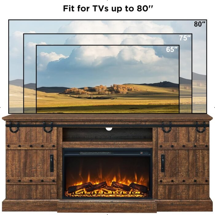 OKD 70" Fireplace TV Stand for 75 80 Inch TV, Farmhouse Highboy Entertainment Center with 30" Electric Fireplace &Sliding Barn Doors, 32" Tall Media Console Cabinet for Living Room, Reclaimed Barnwood - Image 6