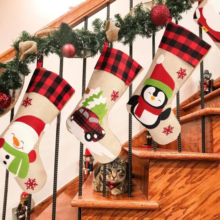 GoldFlower Christmas Stockings 5 Pack, 18'' Large Christmas Stockings with Santa Snowman Gnomes Pattern,Classic Buffalo Plaid Cuff,Xmas Ornaments for Family Stairs Fireplace Tree Hanging 5 - Image 2