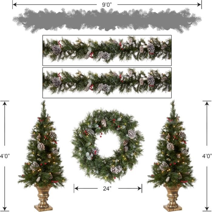 National Tree Company Pre-lit Holiday Christmas 5-Piece Set | Wreath, Set of 2 Entrance Trees and Garlands with White Lights - Image 5