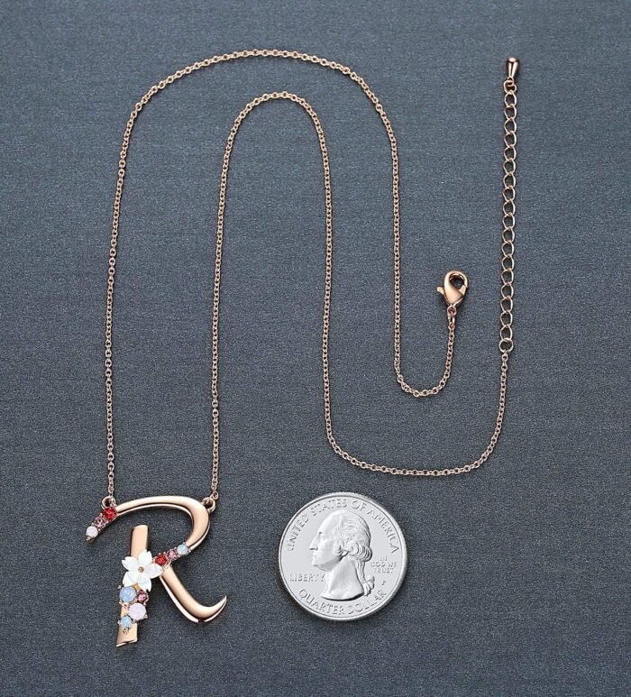 Flower Initial Letter Necklace Pink Red Blue Simulated Pearl Pendant Name Jewelry Made with Austrian Crystals Rose Gold Plated Anniversary Birthday Gifts for Women,18"+2" - Image 3