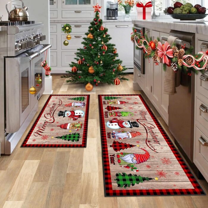 2 Pcs Christmas Kitchen Rugs and Mats, Merry Christmas and Happy New Year Kitchen Decor Non-Slip Floor Mat Sets, Gnome Snowman Washable Microfiber Kitchen Carpet 17x47+17x30 Inches