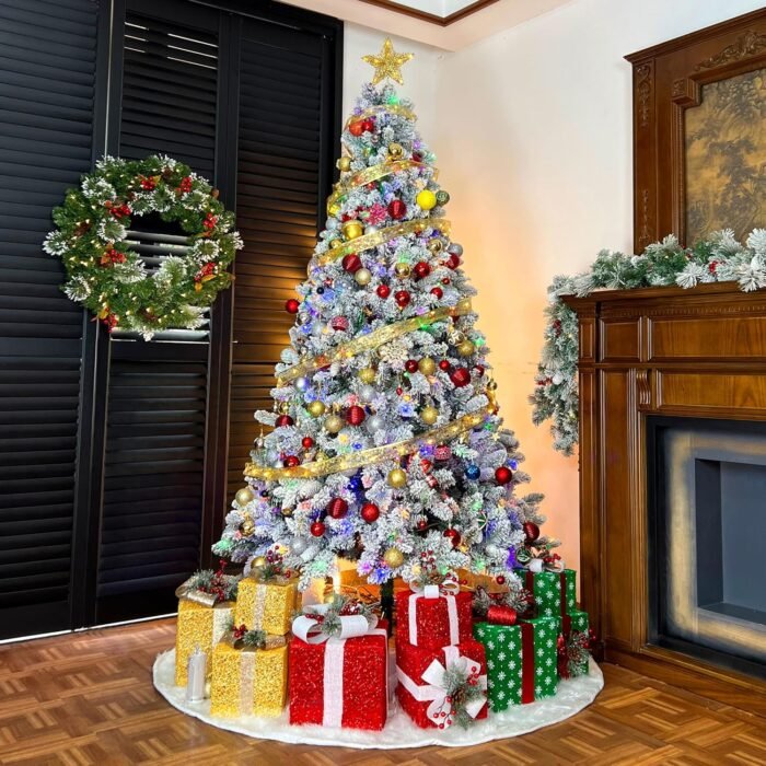 Hykolity 7.5 ft Prelit Snow Flocked Christmas Tree, Artificial Christmas Tree with Pine Cones and Berries, 450 Color Changing LED Lights, 1446 Branch Tips, Metal Stand and Hinged Branches, 10 Colors - Image 2