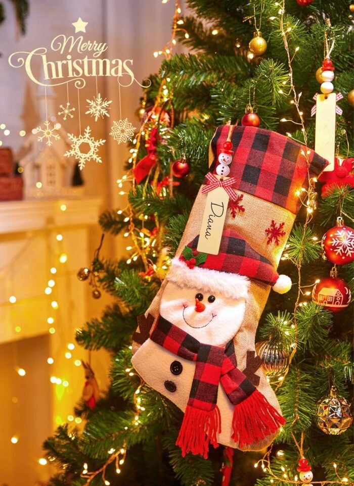 Minetom Christmas Stockings, 4 Pack 18 Inches Hanging Xmas Stocking with Personalized Name Tag, Snowman Deer Santa Gnome Burlap Plaid Stocking Holiday Christmas Decoration Gifts for Family Kids - Image 7