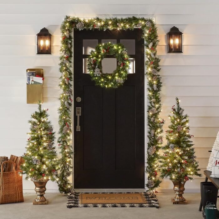National Tree Company Pre-lit Holiday Christmas 5-Piece Set | Wreath, Set of 2 Entrance Trees and Garlands with White Lights - Image 4