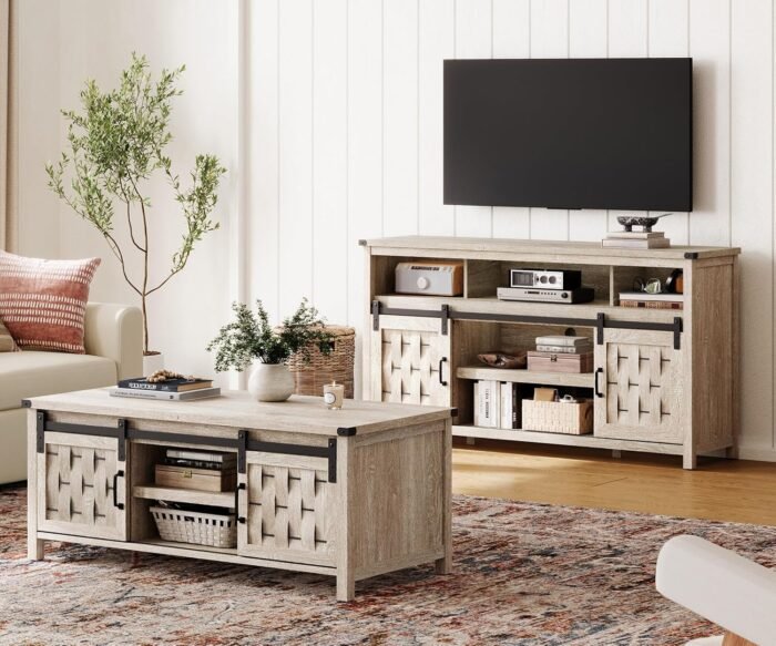 LINSY HOME Farmhouse TV Stand for 65 Inch TV, Tall Highboy Entertainment Center with Sliding Barn Door, Rustic Media Console with Storage Shelves, Wood Television Stand for Living Room, Light Grey - Image 6