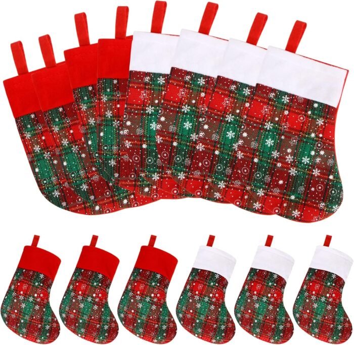 DIYASY Mini Christmas Stockings, 12 Pack Small Buffalo Plaid Stocking Snowflake Red Green Stockings Bulk for Christmas Tree Ornament Decorations Gift Holder（8Inches） - Image 4