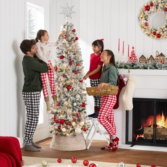 Best Choice Products Flocked Pencil Christmas Tree, Pre-Lit Slim Artificial Holiday Decoration, 6ft Lighted Skinny w/Base, Warm White Lights - Image 3