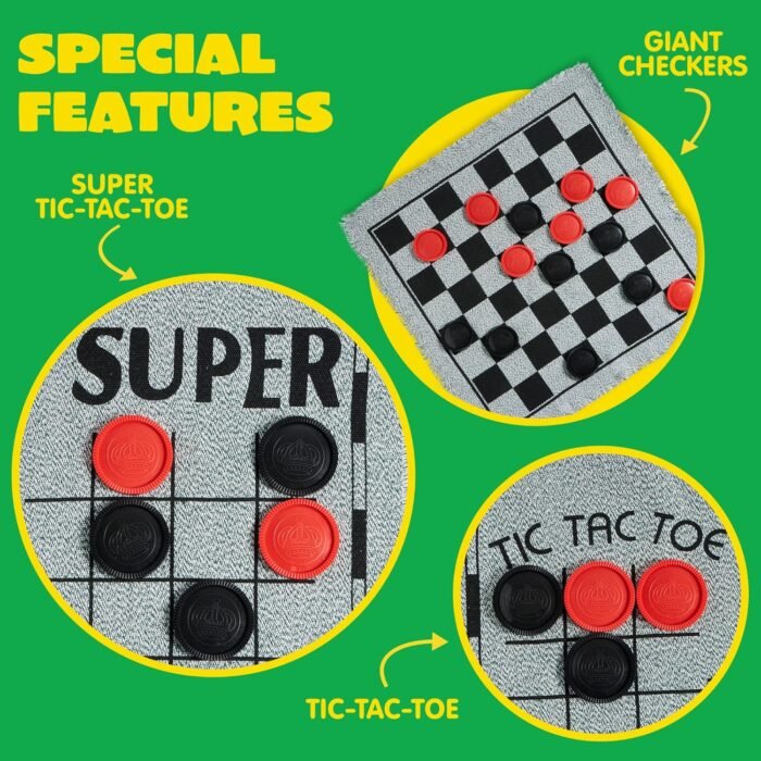 3-in-1 Vintage Giant Checkers, Tic, Tac, Toe, Game with Reversible Mat, 24 Chips, Family Board Game, Lawn Game, BBQ Party Favor, Indoor and Outdoor Activity for Kids and Adults - Image 3