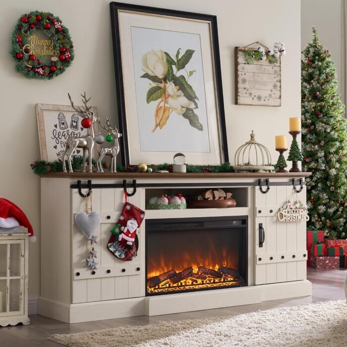 OKD 70" Fireplace TV Stand for 75+ 80 Inch TV, Farmhouse Highboy Entertainment Center with 30" Electric Fireplace & Sliding Barn Doors, Rustic Tall Media Console Cabinet for Living Room, Antique White - Image 7