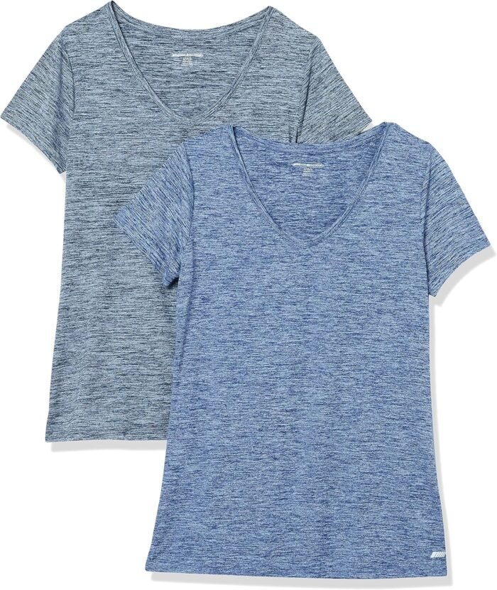 Amazon Essentials Women's Tech Stretch Short-Sleeve V-Neck T-Shirt (Available in Plus Size), Pack of 2