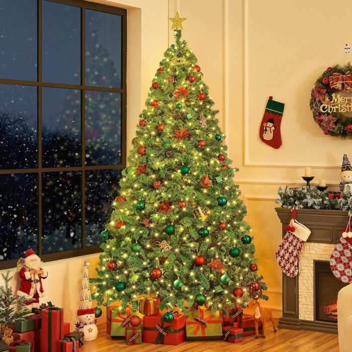Yaheetech 7.5ft Pre-lit Artificial Christmas Tree with Incandescent Warm White Lights, Flocked Prelighted Xmas Tree with 1284 Branch Tips, 550 Incandescent Lights & Foldable Stand, Pure Green - Image 2