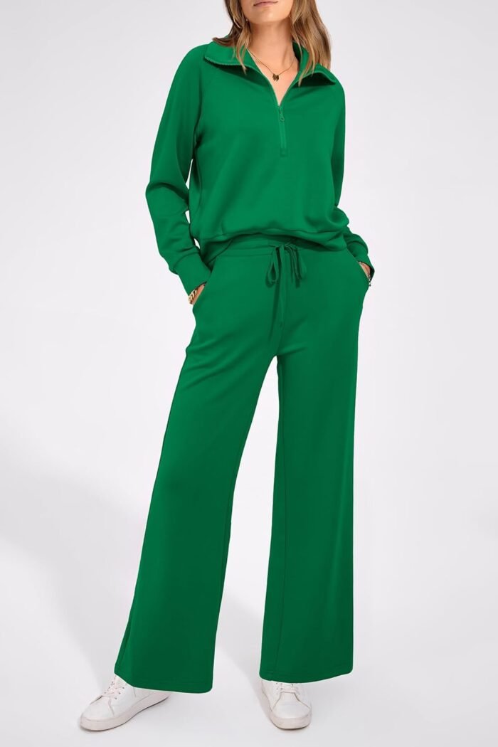 PRETTYGARDEN Women's 2 Piece Outfits Casual Lapel Half Zip Sweatshirts And Wide Leg Pants Tracksuit Sets - Image 4