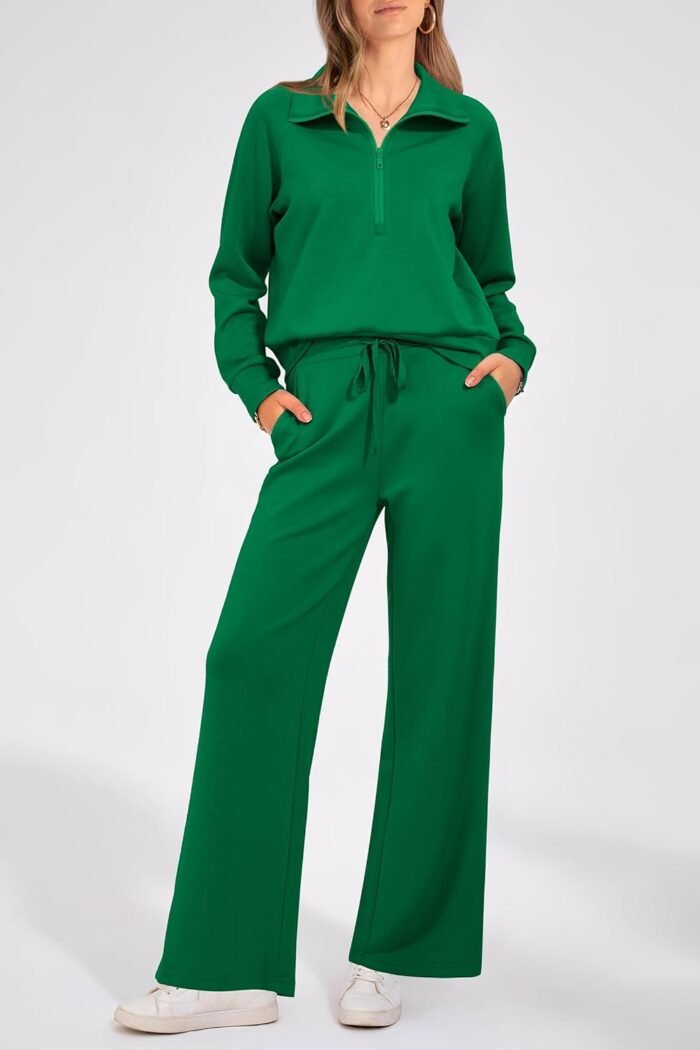 PRETTYGARDEN Women's 2 Piece Outfits Casual Lapel Half Zip Sweatshirts And Wide Leg Pants Tracksuit Sets - Image 5