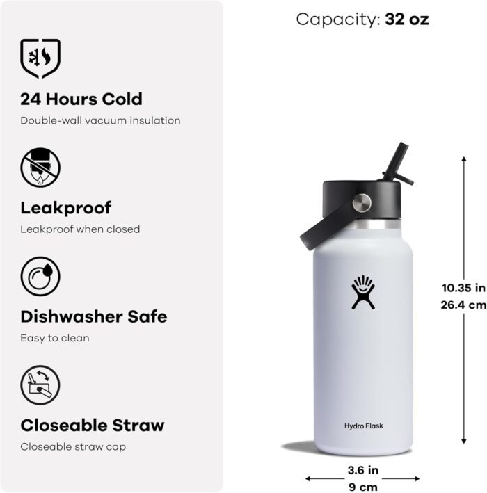 HYDRO FLASK Wide Mouth vacuum insulated stainless steel water bottle with leakproof closeable straw lid for cold water drinks, sports, travel, car and school - Image 2