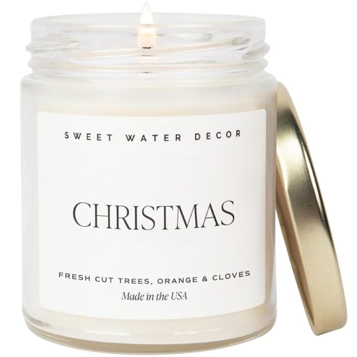 Sweet Water Decor Christmas Candle | Cinnamon, Trees, Orange, and Clove Scents | Christmas Candles and Decor for Home | 9oz. Clear Jar Soy Candle, Made in the USA