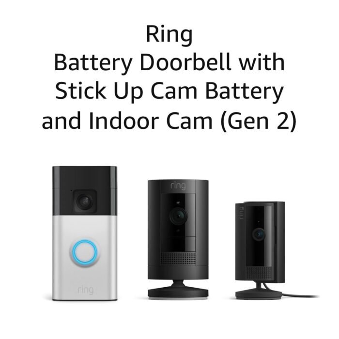 All-new Ring Battery Doorbell with Ring Stick Up Cam Battery (Black) and Ring Indoor Cam 2nd Gen (Black)