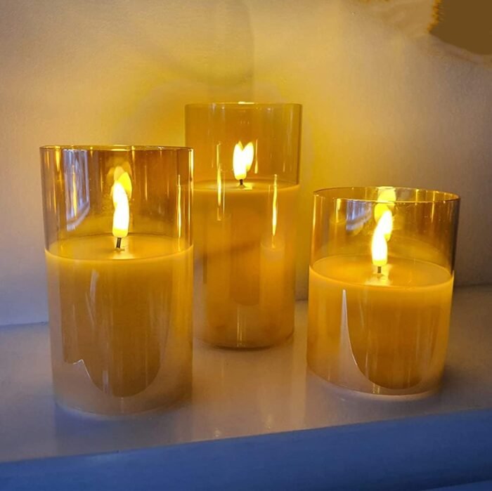 Eywamage Gold Glass Flameless Pillar Candles with Remote, Flickering Battery Operated Christmas LED Candles Set of 3 - Image 5
