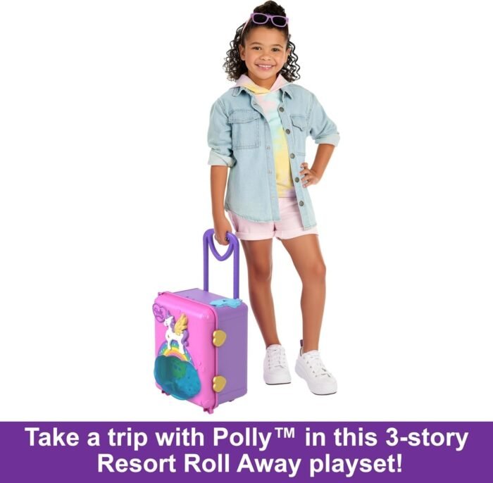 Polly Pocket Pollyville Playset, Resort Rollaway Suitcase, Large Travel Toy with 4 Dolls, Car, 25+ Accessories & Storage - Image 2