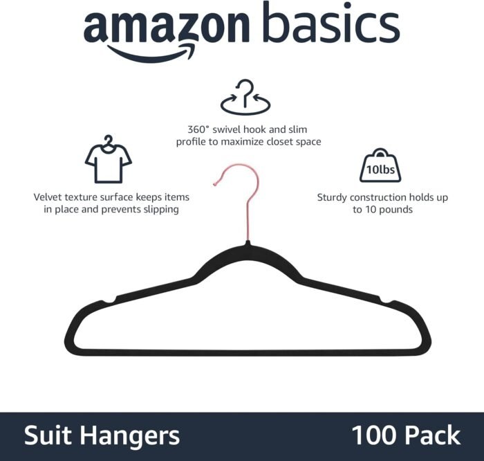 Amazon Basics Slim, Velvet, Non-Slip Suit Clothes Hangers, Black/Rose Gold - Pack of 100 - Image 2
