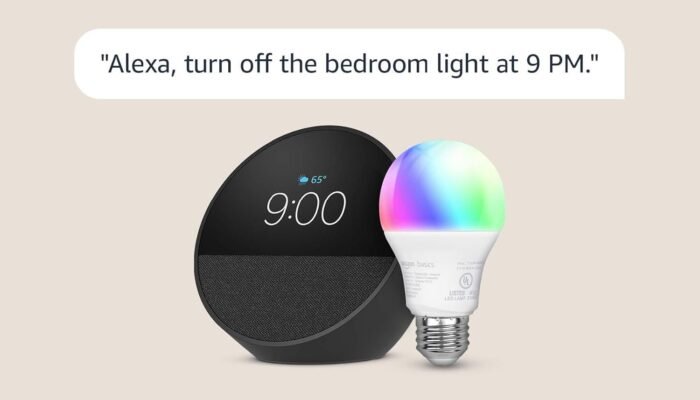 Echo Spot with Amazon Basics Smart Color Bulb