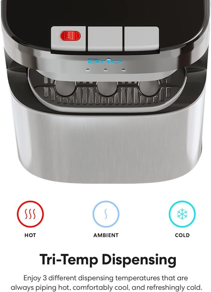 Brio Bottom Loading Water Cooler Dispenser for 5 Gallon Bottles - 3 Temperatures with Hot, Room & Cold Spouts, Child Safety Lock, LED Display with Empty Bottle Alert, Stainless Steel - Image 5